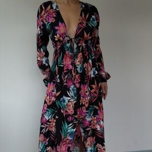 Rip Curl Sun Drenched Hawaiian Floral Long Sleeve Maxi Dress Kimono /